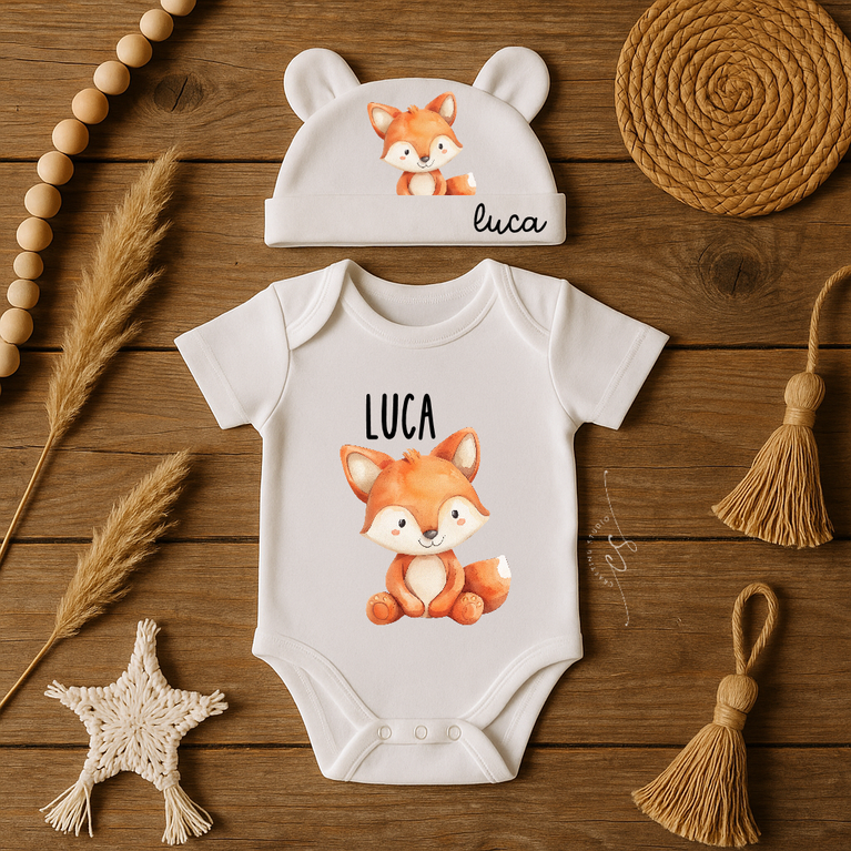 Set Nascita Personalizzato Neonato – Body, Cuffia con Orecchie + Bavaglino Omaggio – ANIMALI