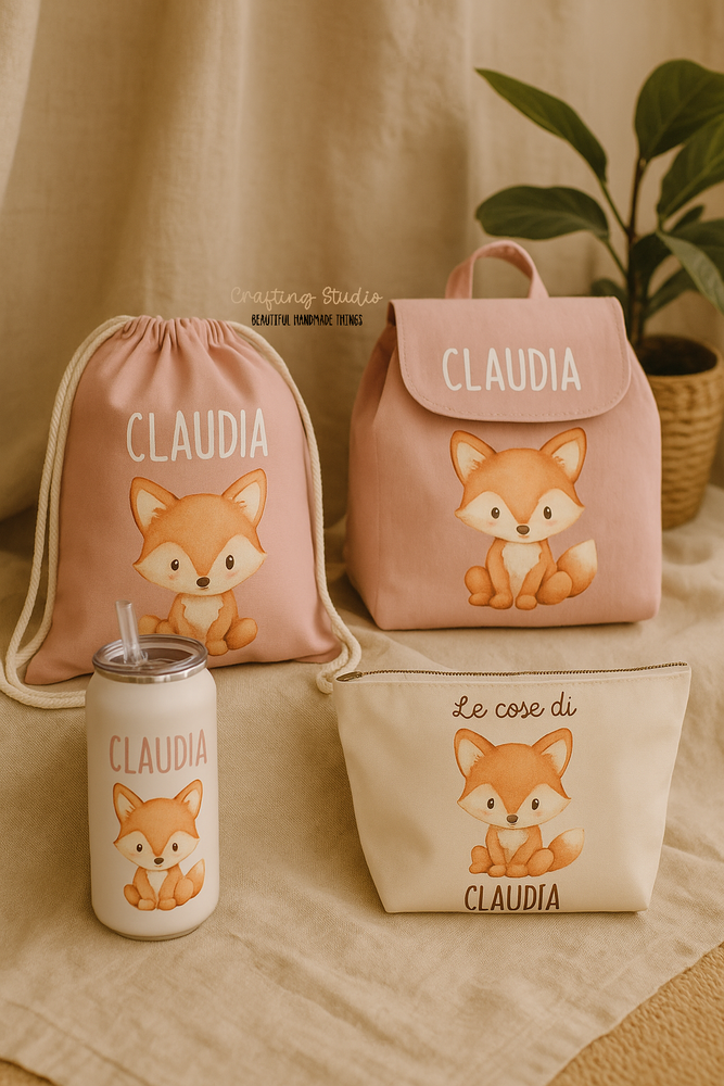 Set Asilo Personalizzato con Nome – Zaino, Sacca, Astuccio e Borraccia – Kit Completo per Bambini Scuola Materna