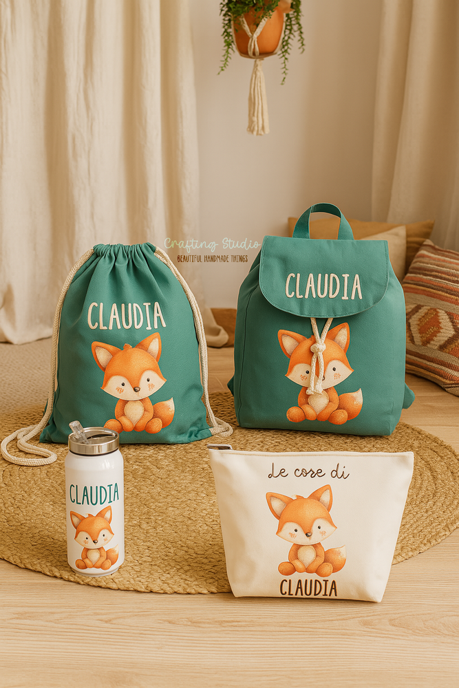 Set Asilo Personalizzato con Nome – Zaino, Sacca, Astuccio e Borraccia – Kit Completo per Bambini Scuola Materna