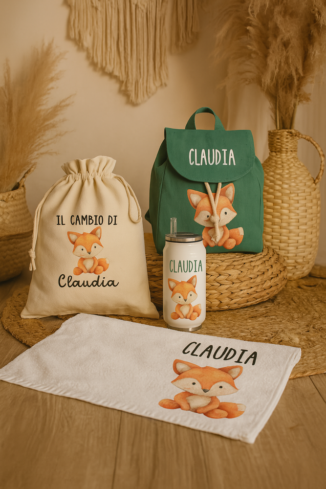 Set Asilo Personalizzato con Nome – Zaino, Sacca, Asciugamano e Borraccia
