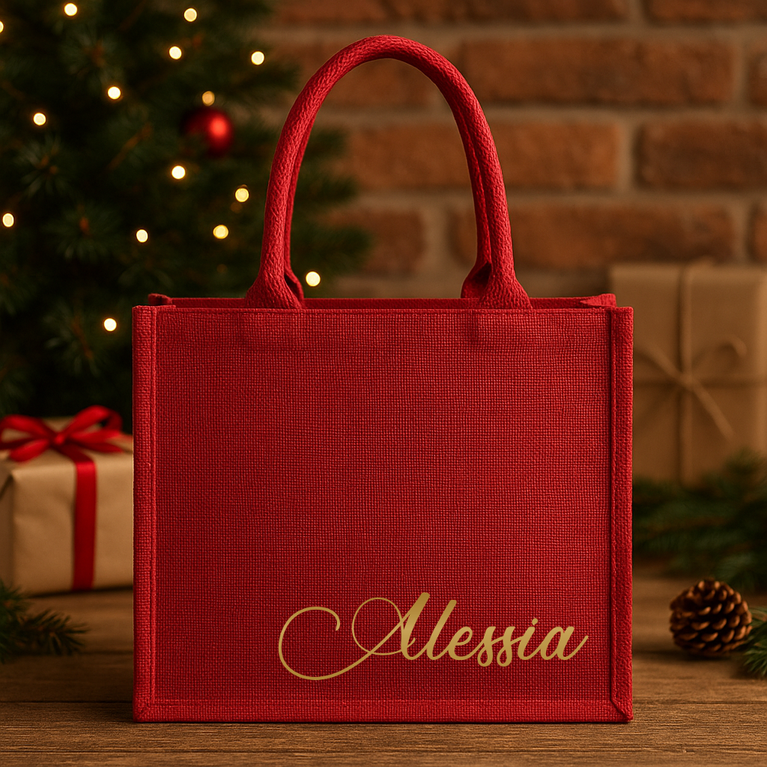 Borsa Natale in Juta Rossa Personalizzata con Nome – Borsa Regalo Natalizia Eco Friendly