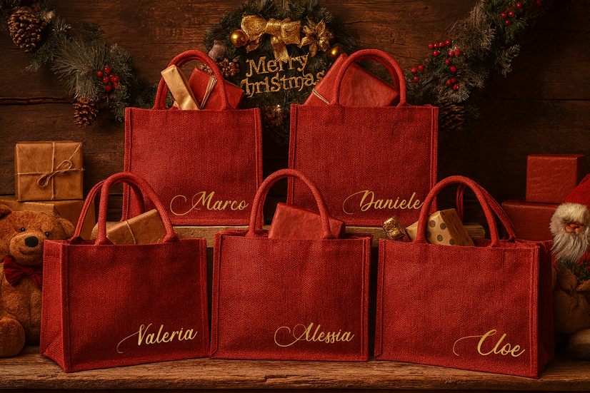 Borsa Natale in Juta Rossa Personalizzata con Nome – Borsa Regalo Natalizia Eco Friendly