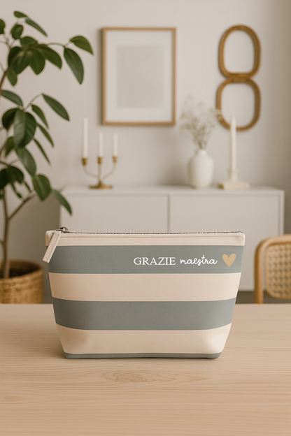 Astuccio in cotone canvas decorato a mano – Regalo maestra fine anno – Pochette a strisce multiuso blu o grigio