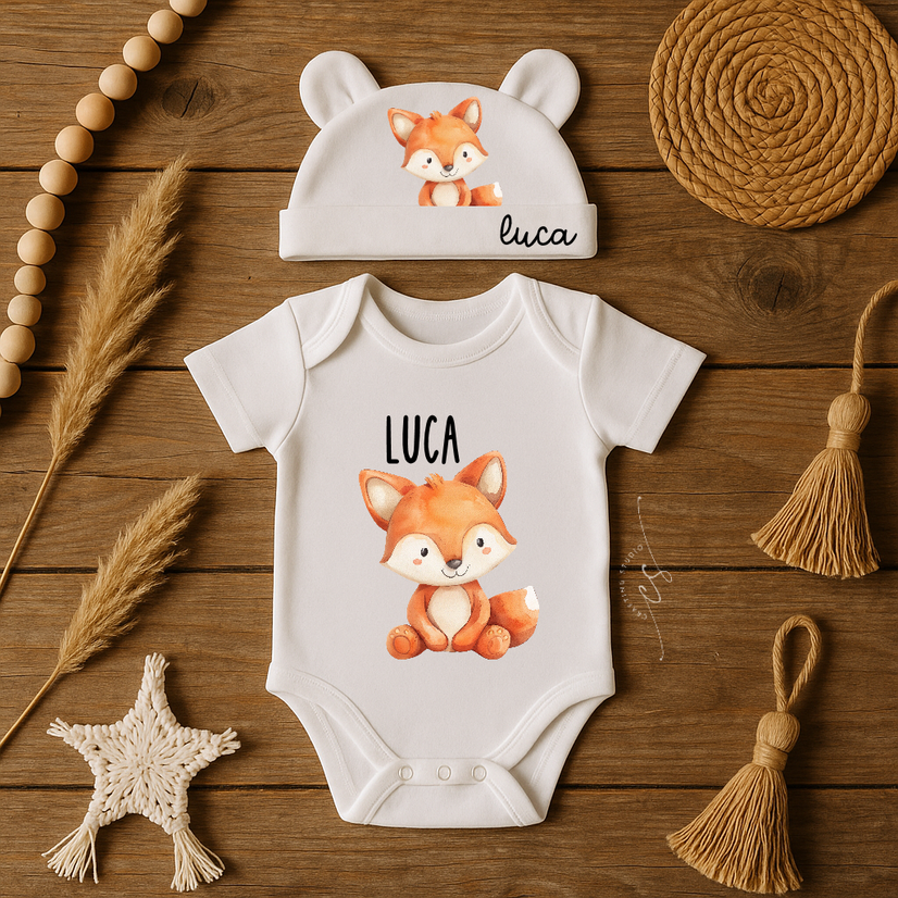 Set Nascita Personalizzato Neonato – Body, Cuffia con Orecchie + Bavaglino Omaggio – ANIMALI