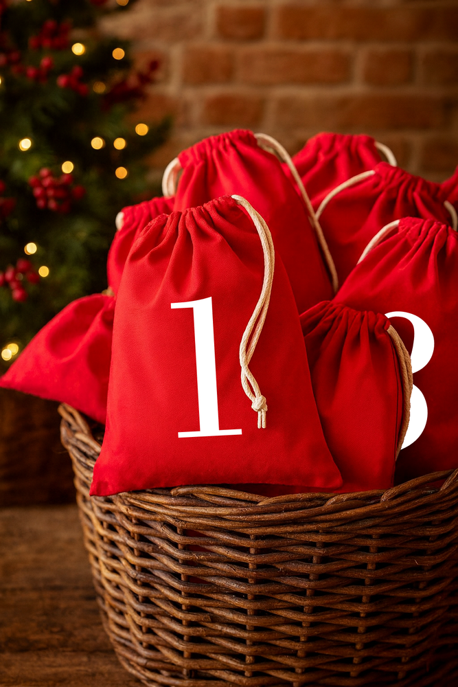 Calendario Avvento 24 Sacchetti Rosso Cotone 100% – Sacche Natalizie