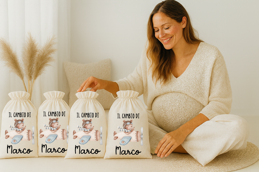 Sacche Porta Cambio Nascita Personalizzate | Cotone Biologico | Sacchetti Ospedale Neonato Idea Regalo Baby Shower