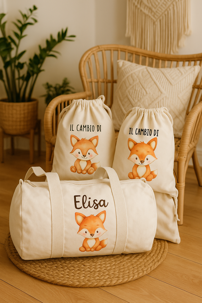 Set Nascita Personalizzato – Borsone Parto, Beauty Case, Sacche Cambio e Accessori in Cotone Biologico – Fatto a Mano in Italia