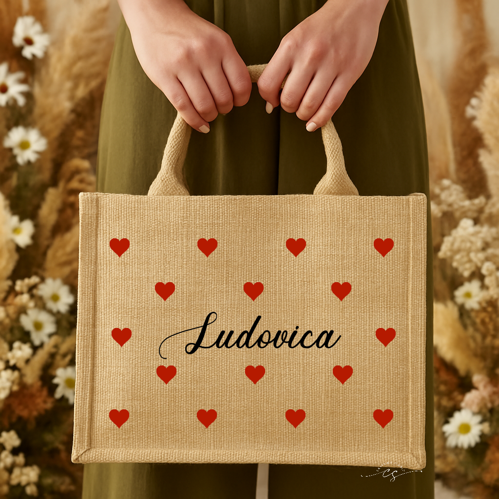 Shopper in Juta Personalizzata con Nome e Cuori